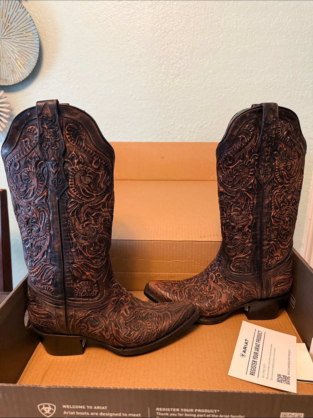 Ariat Brown Tooled Leather Heeled Boots - Picture 2 of 4